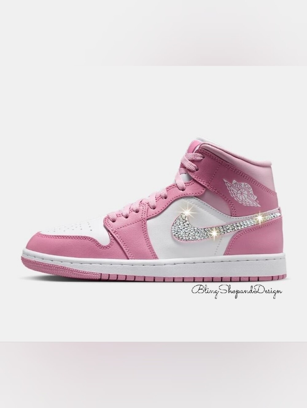 Air Jordan Retro 1 Mid Pink Womens Shoes Customized with Swarovski Crystals